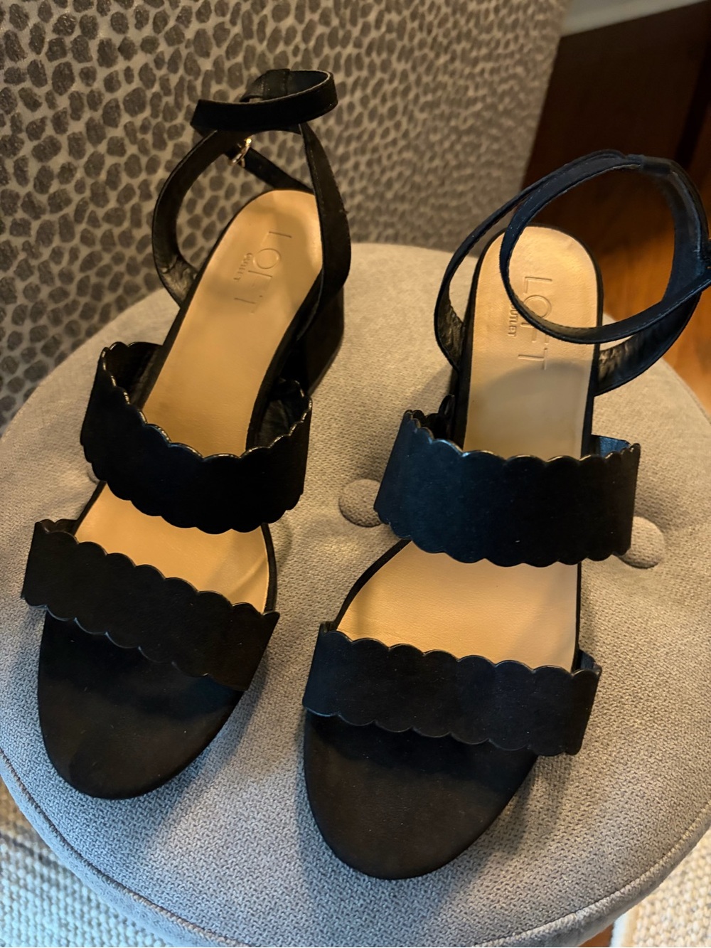 LOFT Black Scalloped Double-Strap Ankle Sandals
